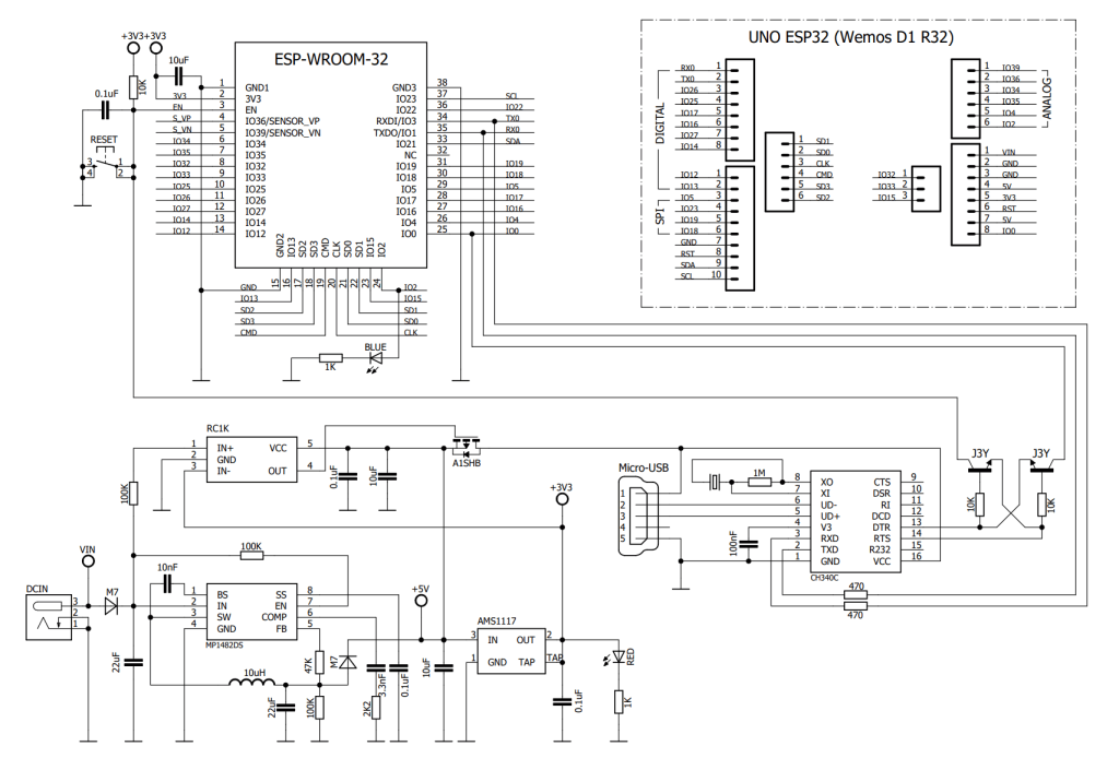 Wemos-D1-R32 connector PIN configuration electrical diagrams